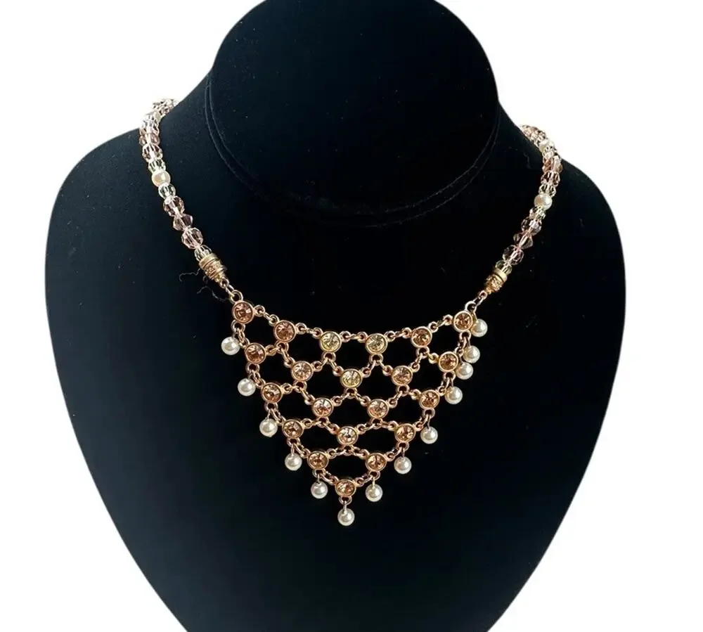 Vintage Swarovski Crystal Faux Pearl Bib Necklace Signed Statement Bridal